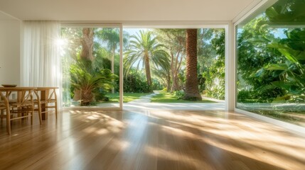 Fototapeta premium This image portrays a spacious and sunlit indoor area that directly opens onto a lush garden, merging nature with modern living for a serene environment.