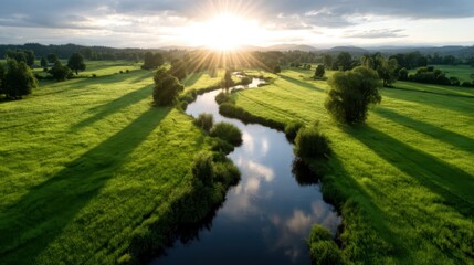 An enchanting river landscape bathed in golden sunlight, showcasing lush greenery and reflections, evoking feelings of peace, tranquility, and the beauty of nature.
