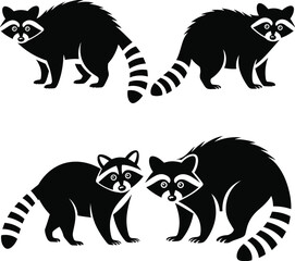 Set of Four Cute Black and White Raccoon Animal Silhouettes with Striped Tails and Mask Faces Vector Illustration for Wildlife Designs
