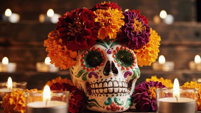 Sugar skull decorated with vibrant marigold flowers on top, surrounded by lit candles, traditional day of the dead altar decoration