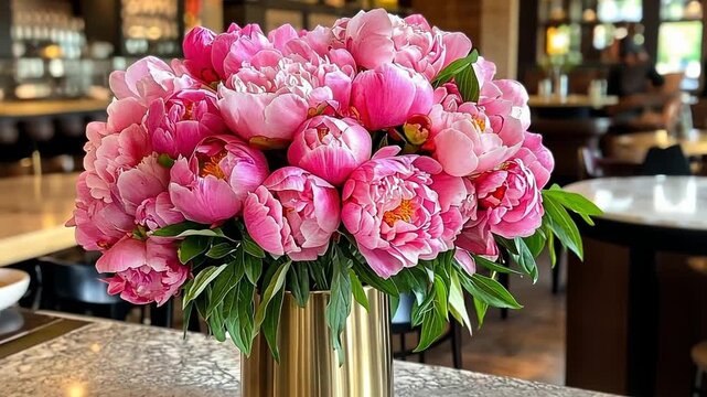 Lush bouquet of fresh pink peonies in a gold vase. Close-up of a floral arrangement as a centerpiece in a restaurant. Elegant decoration for a celebration