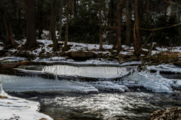 A tranquil winter forest scene where a partially frozen stream winds through snow-covered rocks and fallen logs. Icicles cling to the edges, shimmering in the cold sunlight, 