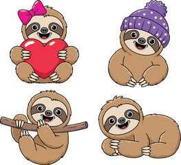 Obraz premium Adorable Cartoon Sloth Character Vector Set, Including Sloth with Heart, Knit Hat, Pink Bow, and Hanging on a Branch, for Nursery and Valentine's Design.