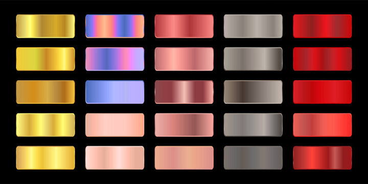 Metallic gradient foil background. most popular gradient. Gold, Pink gold, Silver and Holographic metal vector template