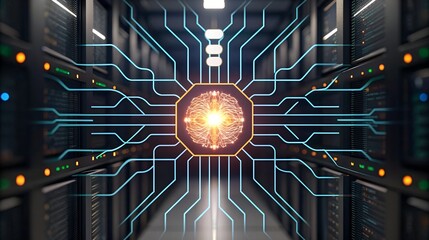 Futuristic circuit board with glowing core in dark server room