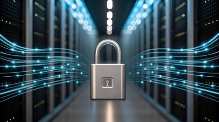 Secure data center with locked server room and blue lights