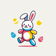Obraz premium Easter bunny plush toy running with colorful eggs on a light background