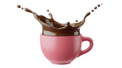 A pink cup with chocolate splatters on it. The cup is on a white background. The splatters are in the shape of a wave