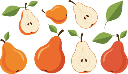 Stylized Vector Illustration Set of Ripe Pears, Featuring Whole and Halved Fruits with Leaves, Ideal for Healthy Food, Autumn Harvest, or Recipe Decoration.