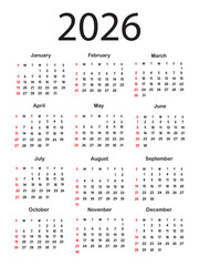 This is a full year 2026 calendar showing all twelve months in a clean, grid format. Weekends are highlighted in red for easy date tracking.