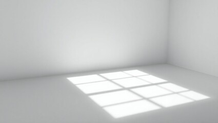 Bright sunlight streaming through window grids onto a white floor