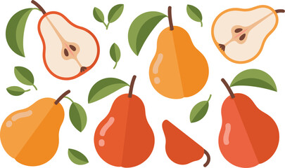 A Modern Vector Set of Whole and Halved Pears and Leaves in Stylized Red and Orange Tones for Fruit, Healthy Food, and Autumn Harvest Design.