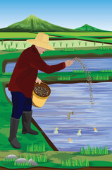 The farmer is feeding the fish.vector design