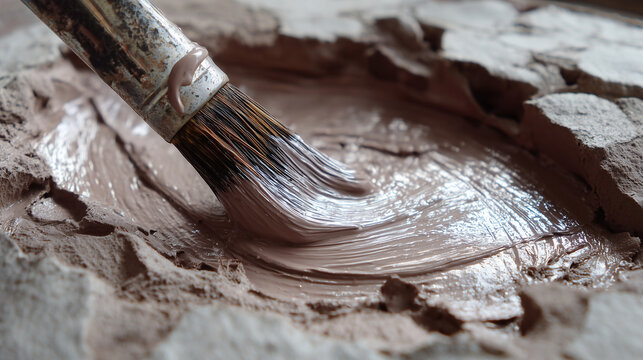 Macro of clay slip being applied with brush, glossy sheen and rough clay body beneath