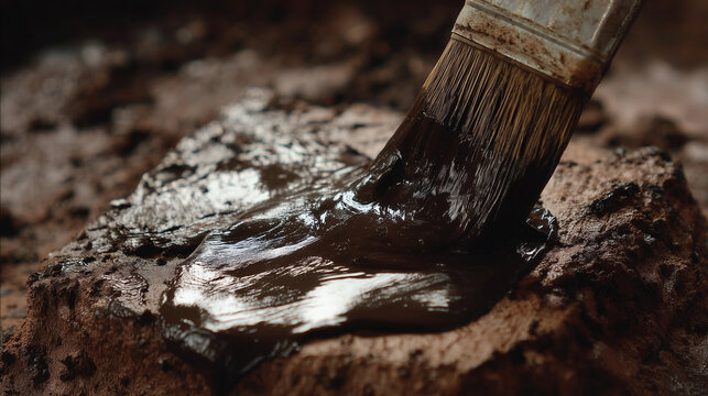 Macro of clay slip being applied with brush, glossy sheen and rough clay body beneath