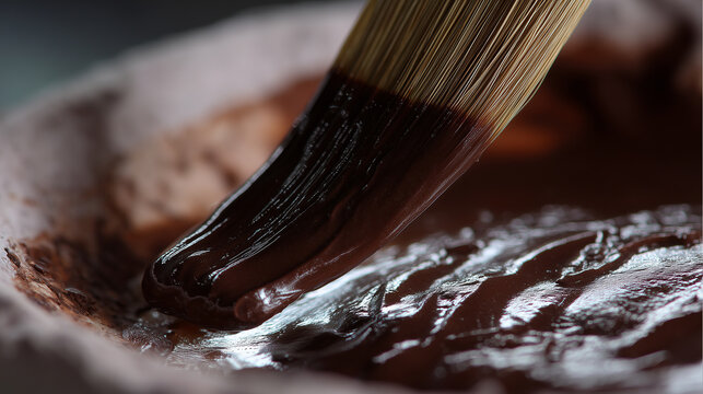 Macro of clay slip being applied with brush, glossy sheen and rough clay body beneath