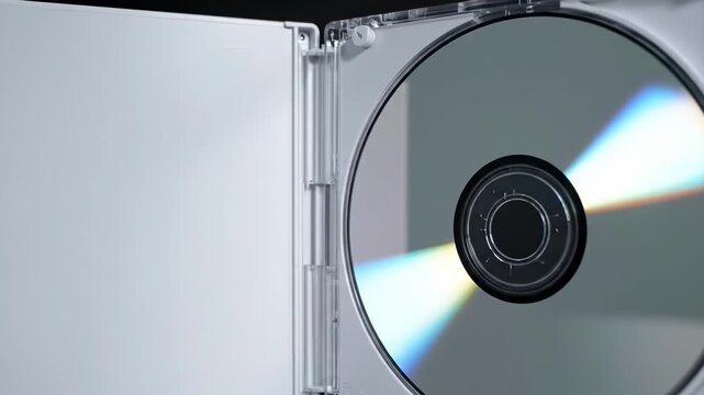 Open clear plastic cd dvd jewel case with a blank silver disc inside, against a dark background, high detail, cinematic lighting