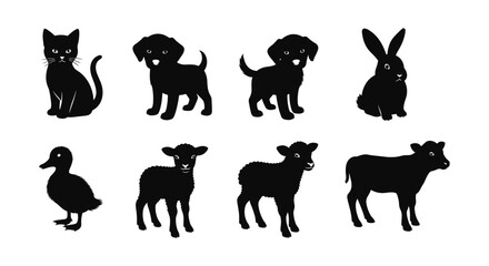 Obraz premium Silhouette farm animals and pets: cats, dogs, rabbit, duck, sheep, calf