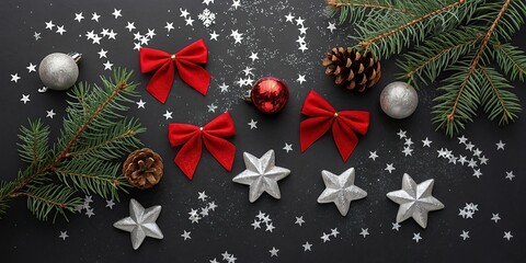 New Christmas composition. Christmas decorations, fir branches, red bows on white background. Flat lay, top view, copy space