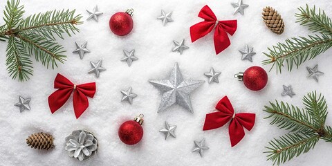 New Christmas composition. Christmas decorations, fir branches, red bows on white background. Flat lay, top view, copy space