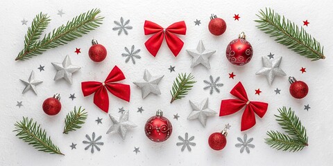 New Christmas composition. Christmas decorations, fir branches, red bows on white background. Flat lay, top view, copy space