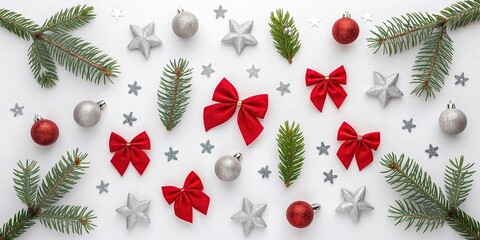 New Christmas composition. Christmas decorations, fir branches, red bows on white background. Flat lay, top view, copy space
