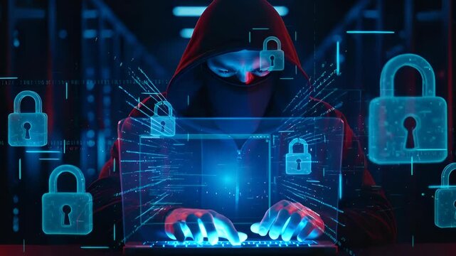 Anonymous hacker in a hoodie committing a cybercrime on a laptop. Cybersecurity concept with glowing digital padlock icons and binary code on a futuristic interface