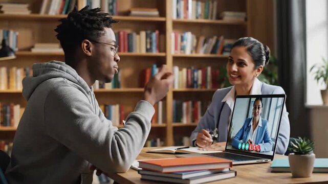 Engaging Conversation Between Two People During Video Call in Cozy Library Setting