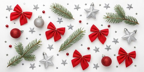 New Christmas composition. Christmas decorations, fir branches, red bows on white background. Flat lay, top view, copy space
