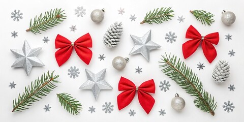 New Christmas composition. Christmas decorations, fir branches, red bows on white background. Flat lay, top view, copy space