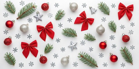 New Christmas composition. Christmas decorations, fir branches, red bows on white background. Flat lay, top view, copy space