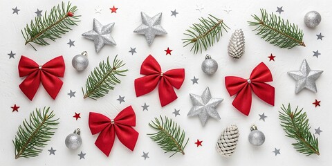 New Christmas composition. Christmas decorations, fir branches, red bows on white background. Flat lay, top view, copy space