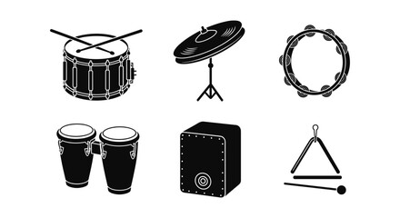 Silhouette icons of musical percussion instruments for modern design projects
