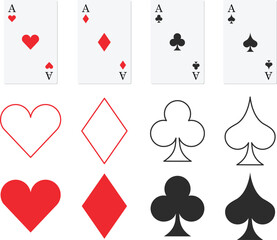 Playing card suits icons including heart, diamond, club, and spade. Classic casino symbols shown as outlines and filled shapes. Perfect for poker, blackjack, gambling, and game design graphics.