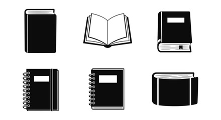 Black and white book and notebook icons in minimalist style
