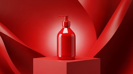 Red liquid soap dispenser on red pedestal