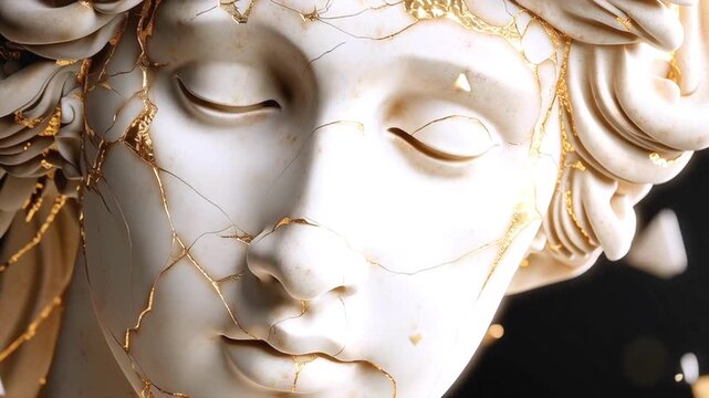 Marble Apollo bust fragmenting, golden fractures emerging, revealing sculptural decay and temporal transformation of classical art form