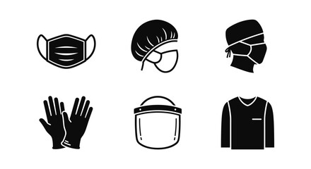 Healthcare protective gear icons: silhouettes of masks, gloves, and more