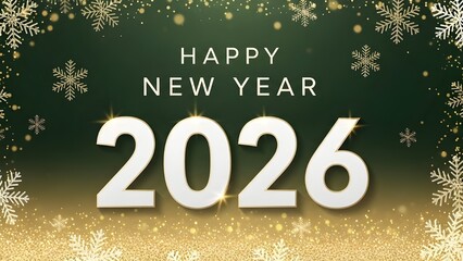 Happy new year 2026 text with golden glitter and snowflake border on deep green background