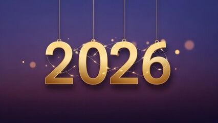 Golden 2026 numerals with delicate string lights against rich purple bokeh background
