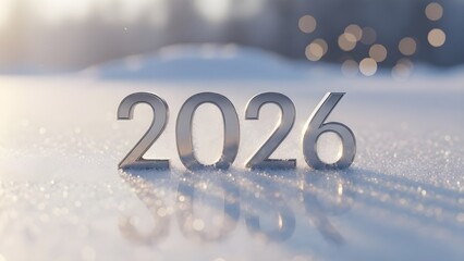 Shiny metallic 2026 number on frozen snow surface with blurred background and bokeh lights