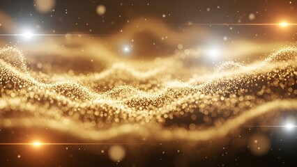 Abstract golden glitter particle wave on a dark background with bright glowing light flares