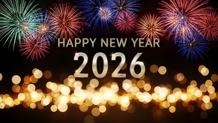 Happy new year 2026 greeting with colorful fireworks and bokeh lights on a black background