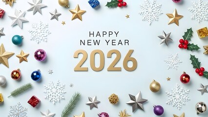 Happy new year 2026 golden text with festive christmas decorations on a light blue background