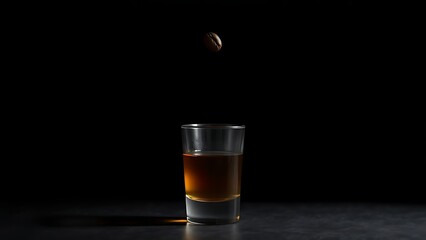 sambuca. Dark background with single floating coffee bean above a sambuca glass. bar promotions, beverage menus, designed for food & beverage menus and cafe branding, used by marketing managers.

