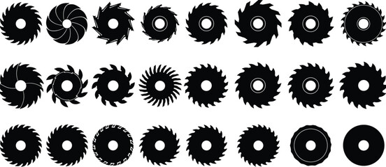 Circular Saw Blade Silhouette Vector Set, Industrial Power Tool Accessory, Woodworking, Metal Cutting, Construction Equipment, and Rotary Cutter Graphic.