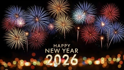 Happy new year 2026 with colorful fireworks display and bokeh lights on black sky