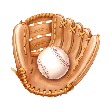 Watercolor baseball glove and ball illustration with leather mitt catching white baseball with red stitching, perfect for sports designs.