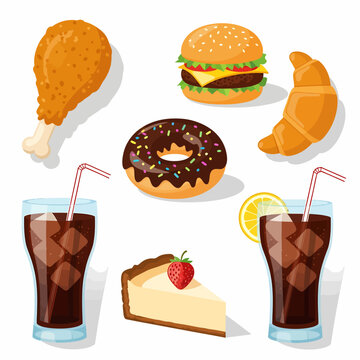 Illustrazione dettagliata di vari cibi e bevande, inclusi pollo fritto, hamburger, ciambella, croissant, cheesecake e bibite gassate.