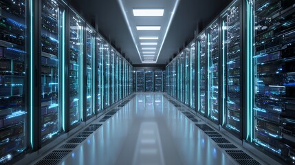 Fototapeta premium Efficient Cloud Data Center Infrastructure Cooling Systems Visualization. Futuristic Digital Servers, High-Tech Networking Architecture, Server Racks Corridor for Massive Data Storage 4K.
